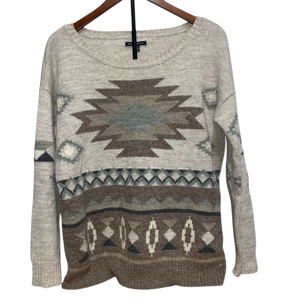 American Eagle Sweater Women Sz M Brown Aztex Geometric Boho Southwestern Wool